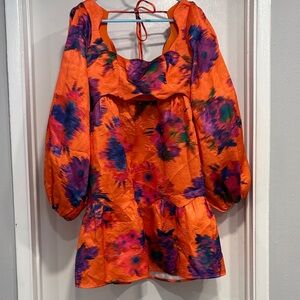 FARM Rio Bouquet Ikat Orange Brocade Long Sleeve Mini Dress